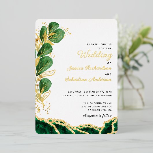 Elegant White Emerald Green & Gold Wedding Folie Uitnodiging (Staand Voorkant)
