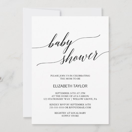 Elegant White en Black Calligraphy Baby shower Kaart (Voorkant)