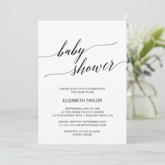 Elegant White en Black Calligraphy Baby shower Kaart (Staand voorkant)