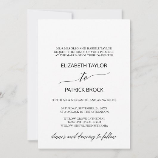 Elegant White en Black Calligraphy Formal Wedding Kaart (Voorkant)