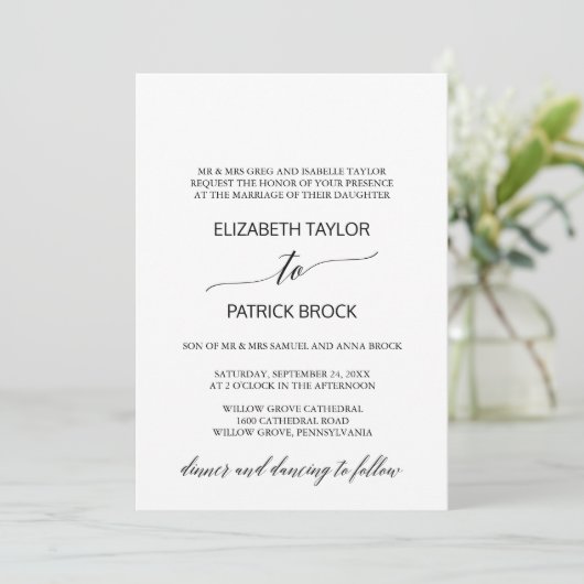 Elegant White en Black Calligraphy Formal Wedding Kaart (Staand voorkant)
