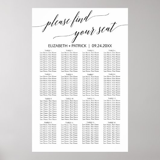 Elegant White en Black Calligraphy Seating Chart Poster (Voorkant)