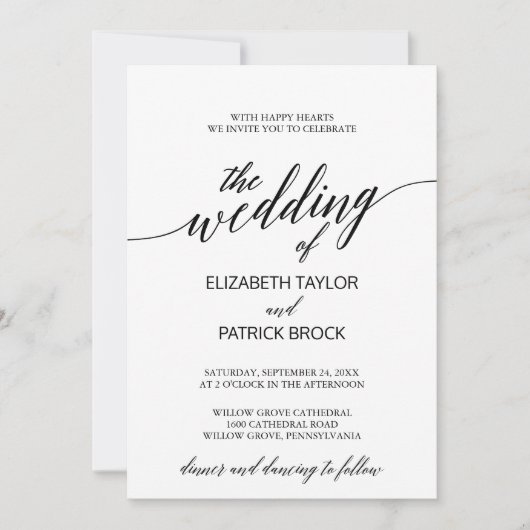 Elegant White en Black Calligraphy Wedding Kaart (Voorkant)