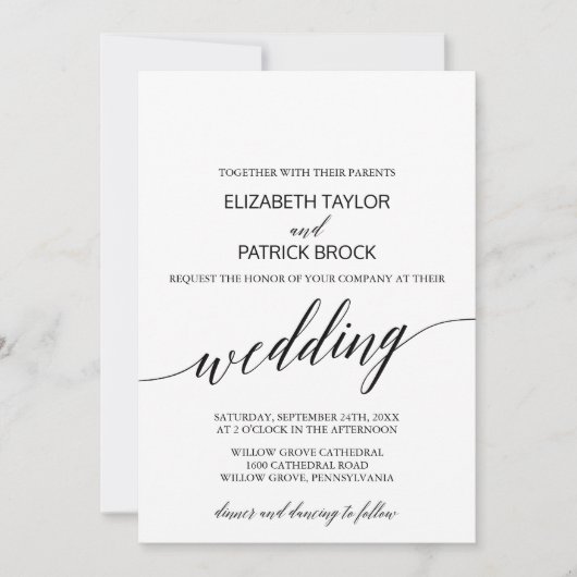 Elegant White en Black Calligraphy Wedding Kaart (Voorkant)