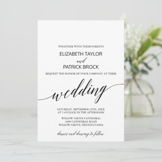 Elegant White en Black Calligraphy Wedding Kaart (Staand voorkant)