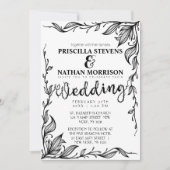 Elegant White en Black Drawn Floral Vine Wedding Kaart (Voorkant)