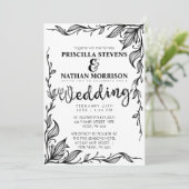 Elegant White en Black Drawn Floral Vine Wedding Kaart (Staand voorkant)