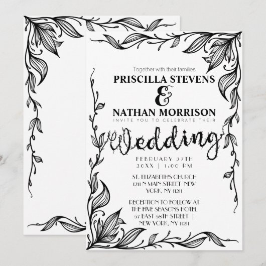 Elegant White en Black Drawn Floral Vine Wedding Kaart (Voorkant / Achterkant)