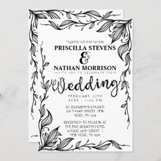 Elegant White en Black Drawn Floral Vine Wedding Kaart