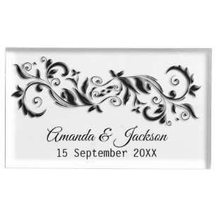 Elegant White en Black Floral Wedding Place Card Plaatskaart Houder