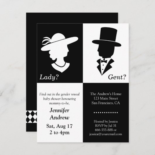 Elegant White en Black Gender Reopenbaarmakingsfee Kaart (Voorkant / Achterkant)