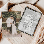 Elegant White en Black Gold Border Photo Weduwnaar Kaart<br><div class="desc">Deze elegante Uitnodiging van de Weddenschap kenmerkt een het vegen tekst van de manuscriptkalligrafie die met een klasbare serif & een moderne sans doopvont in wit, met een donkere fotobekleding op de voorzijde (foto BnW) en een tweede (gekleurde) foto op de rug met een klantgericht monogram wordt in paren wordt...</div>