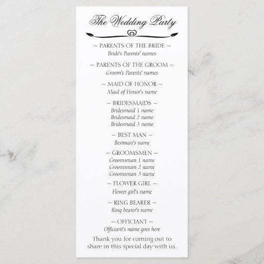 Elegant White en Black Heart Wedding Programme Programmakaart (Achterkant)