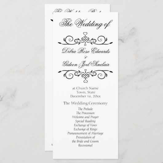 Elegant White en Black Heart Wedding Programme Programmakaart (Voorkant / Achterkant)