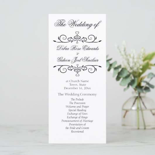 Elegant White en Black Heart Wedding Programme Programmakaart (Staand voorkant)
