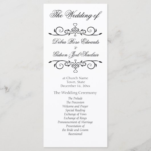 Elegant White en Black Heart Wedding Programme Programmakaart (Voorkant)