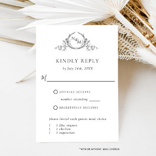 Elegant White en Black Monogram, zonder maaltijd RSVP Kaartje