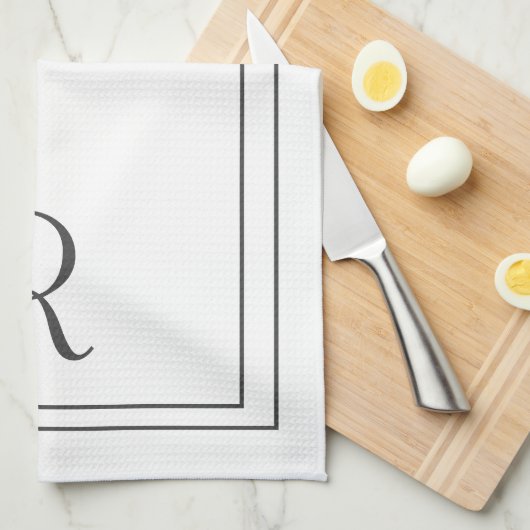 Elegant White en Black Monogramed Theedoek (Quarter Fold)