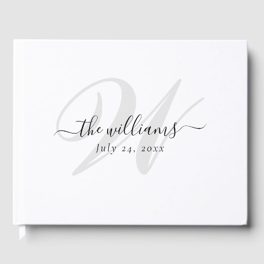 Elegant White en Black Script Monogram Weddenschap Gastenboek (Voorkant)