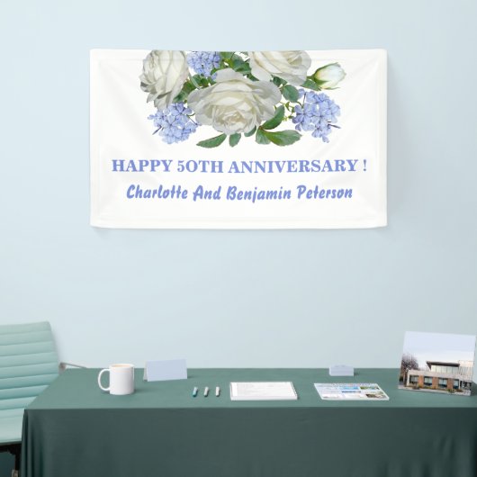 Elegant White en Blue Floral 50th Jubileum Spandoek (Beurs)