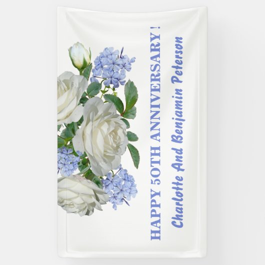 Elegant White en Blue Floral 50th Jubileum Spandoek (Verticaal)