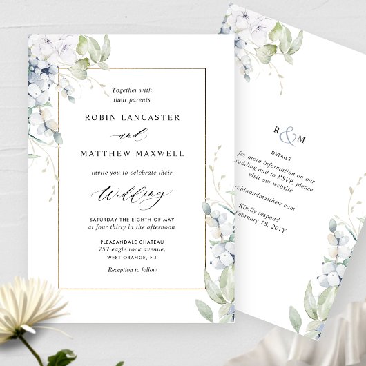 Elegant White en Blue Floral All in One Wedding Kaart