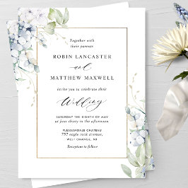 Elegant White en Blue Floral en Greenery Wedding Kaart