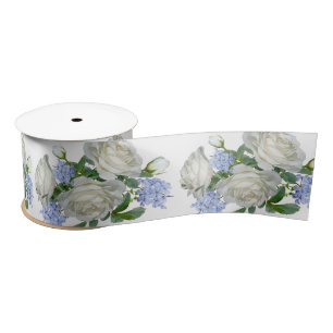 Elegant White en Blue Floral Pattern Satijnen Lint