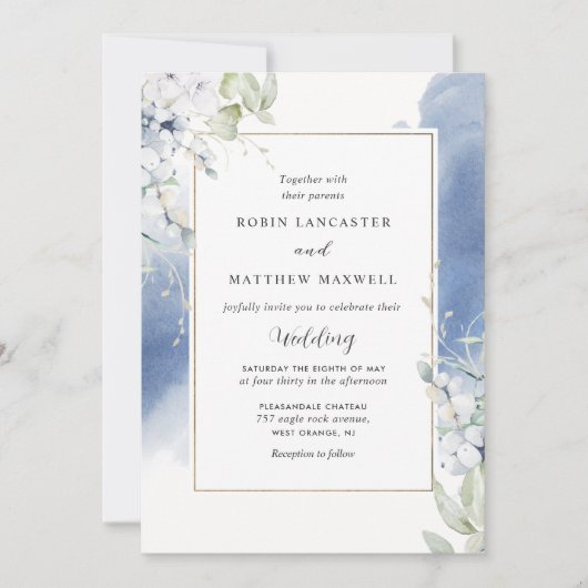 Elegant White en Blue Floral Waterverf Wedding Kaart (Voorkant)