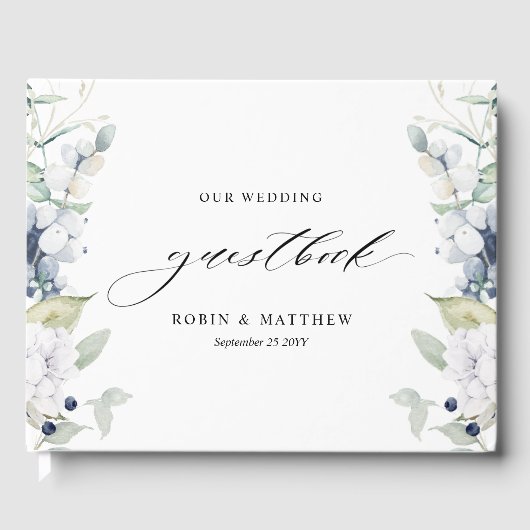 Elegant White en Blue Floral Wedding Guest Book Gastenboek (Voorkant)