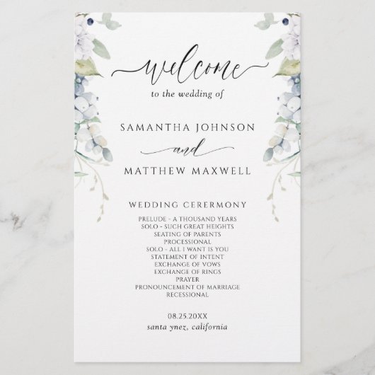 Elegant White en Blue Floral Wedding Programme (Voorkant)