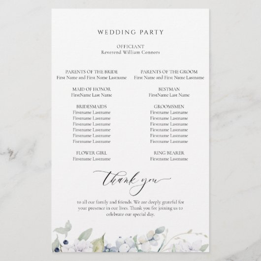 Elegant White en Blue Floral Wedding Programme (Achterkant)