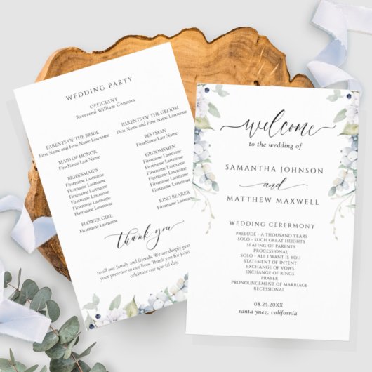 Elegant White en Blue Floral Wedding Programme