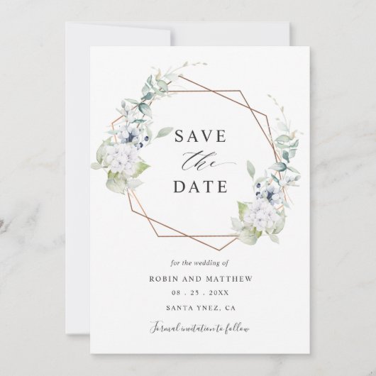 Elegant White en Blue Floral Wedding Save The Date (Voorkant)
