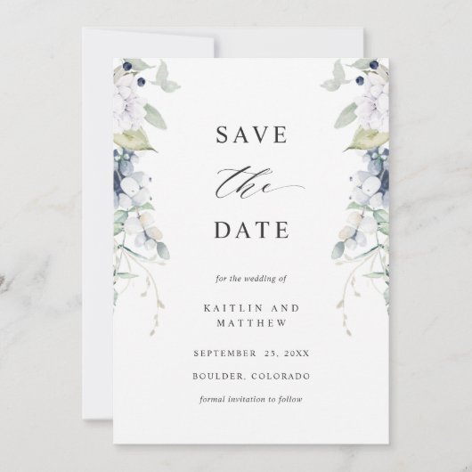 Elegant White en Blue Floral Wedding Save The Date (Voorkant)