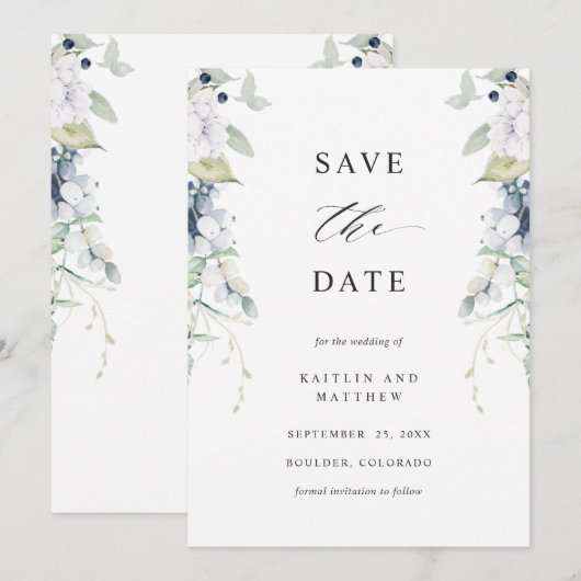 Elegant White en Blue Floral Wedding Save The Date (Voorkant / Achterkant)