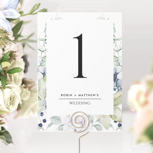 Elegant White en Blue Floral Wedding Table Number