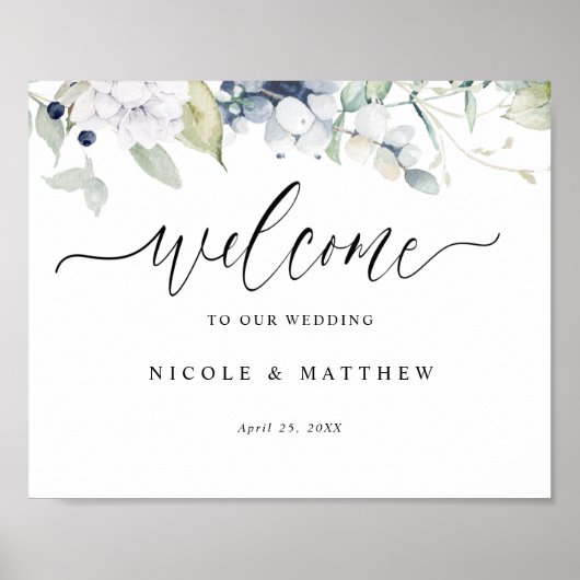 Elegant White en Blue Floral Wedding Welcome Sign Poster (Voorkant)