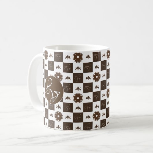 Elegant White en Brown Checkered Pattern Koffiemok (Voorkant links)