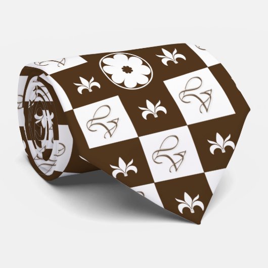 Elegant White en Brown Checkered Pattern Stropdas (Opgerold)