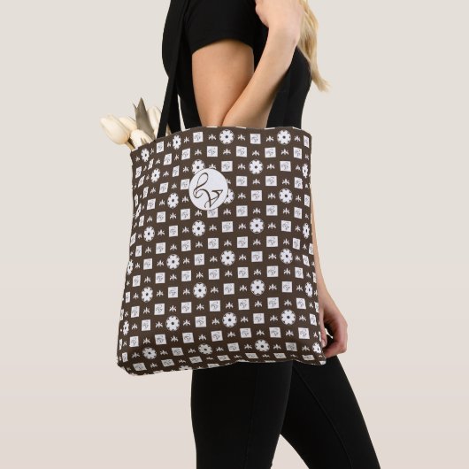 Elegant White en Brown Checkered Pattern Tote Bag (Dichtbij)