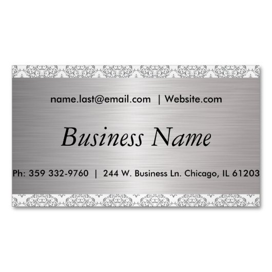 Elegant White en Brush Silver Steel Damask Magnetisch Visitekaartje (Voorkant)