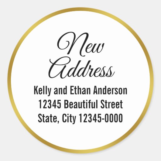 Elegant White en Faux Gold New Address Ronde Sticker (Voorkant)