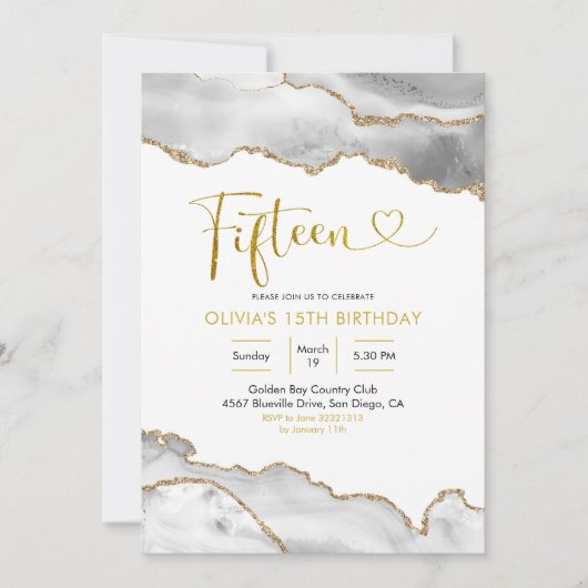 Elegant White en Gold Agate 15-jarig Kaart (Voorkant)