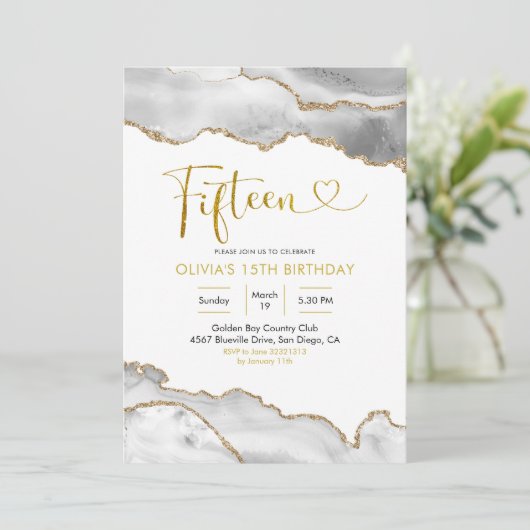 Elegant White en Gold Agate 15-jarig Kaart (Staand voorkant)