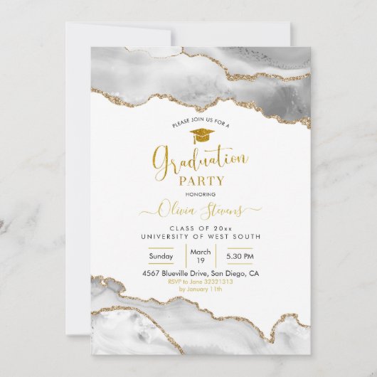 Elegant White en Gold Agate Graduation Party Kaart (Voorkant)