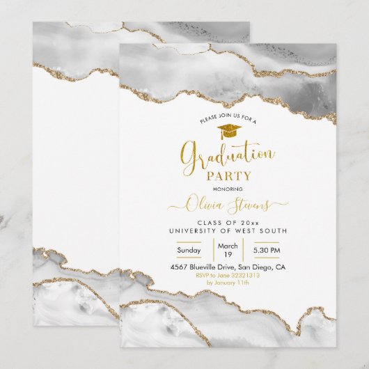Elegant White en Gold Agate Graduation Party Kaart (Voorkant / Achterkant)