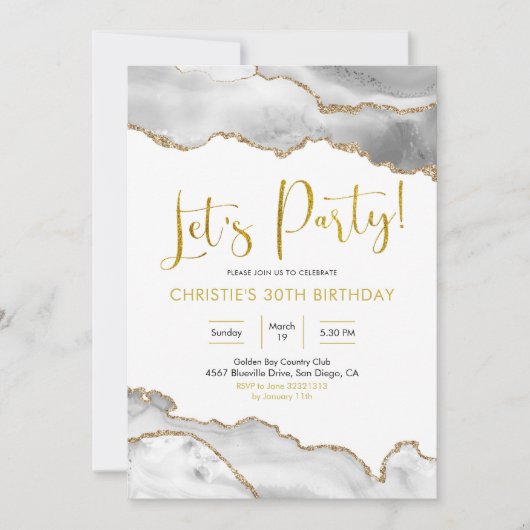 Elegant White en Gold Agate Let's Party Invitatio Kaart (Voorkant)