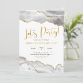 Elegant White en Gold Agate Let's Party Invitatio Kaart (Staand voorkant)