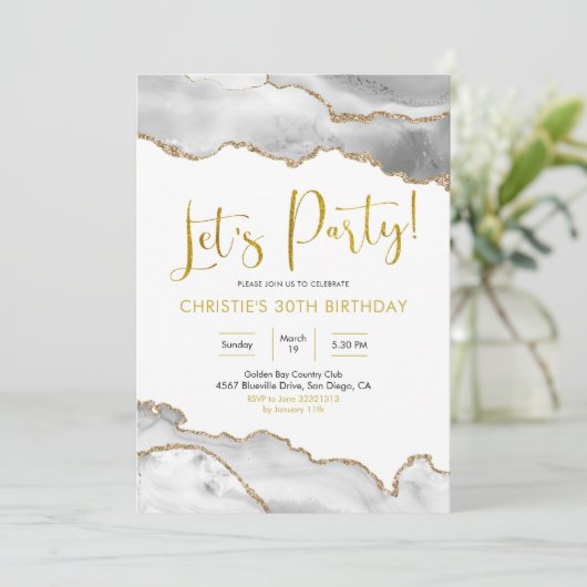 Elegant White en Gold Agate Let's Party Invitatio Kaart (Staand voorkant)